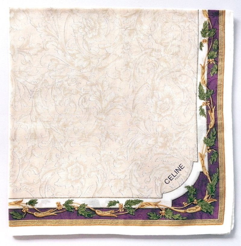 Celine Paris Vintage Handkerchief Floral 20 x 20 inches - ผ้าเช็ดหน้า - ผ้าฝ้าย/ผ้าลินิน สีกากี