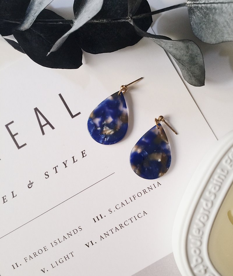 La Don - 石紋大水滴 - 藍  耳針/耳夾 - 耳環/耳夾 - 樹脂 藍色