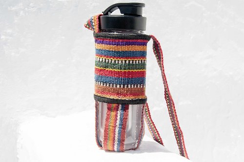 omhandmade 手工編織水壺袋/手工麻線水壺袋/保溫瓶袋/飲料提袋-編織彩虹條紋