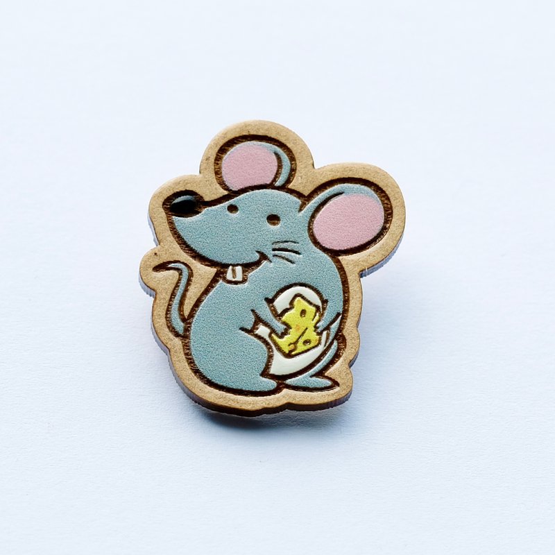 彩繪木製胸針-起司鼠 - 胸針 - 木頭 灰色