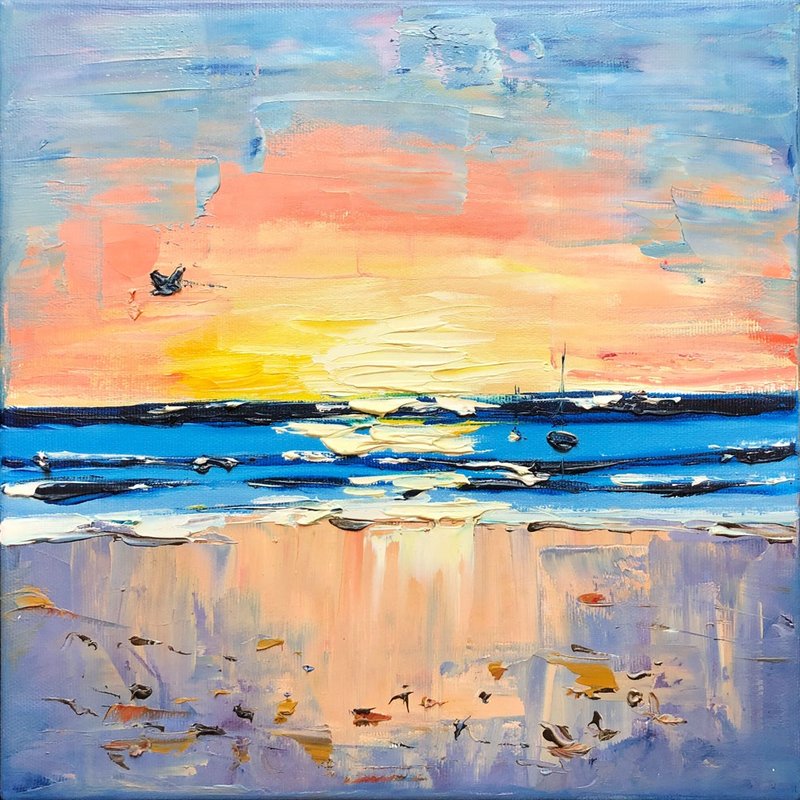 漁光島 Painting Original Art Seascape Artwork Sunset Wall Art Impasto Oil Painting - 海報/掛畫/掛布 - 其他材質 藍色