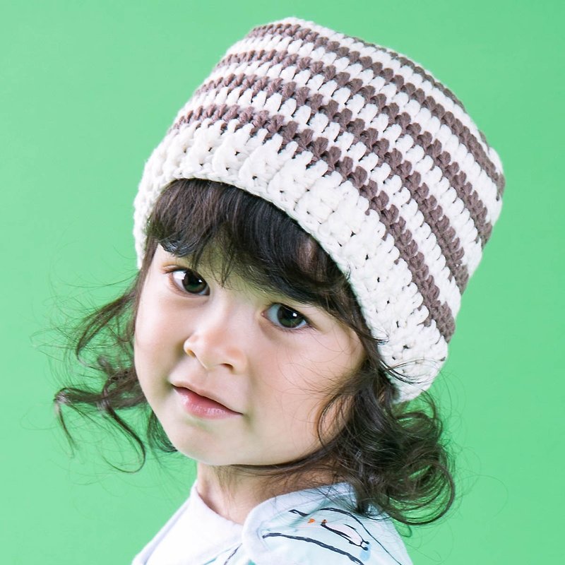 Cutie Bella hand-knitted hat Stripe-Cream/Brown - หมวกเด็ก - ผ้าฝ้าย/ผ้าลินิน ขาว