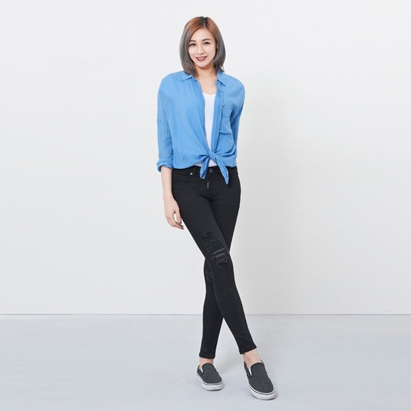 wbp-057 black cut stretch low-rise jeans - กางเกงขายาว - ผ้าฝ้าย/ผ้าลินิน สีดำ