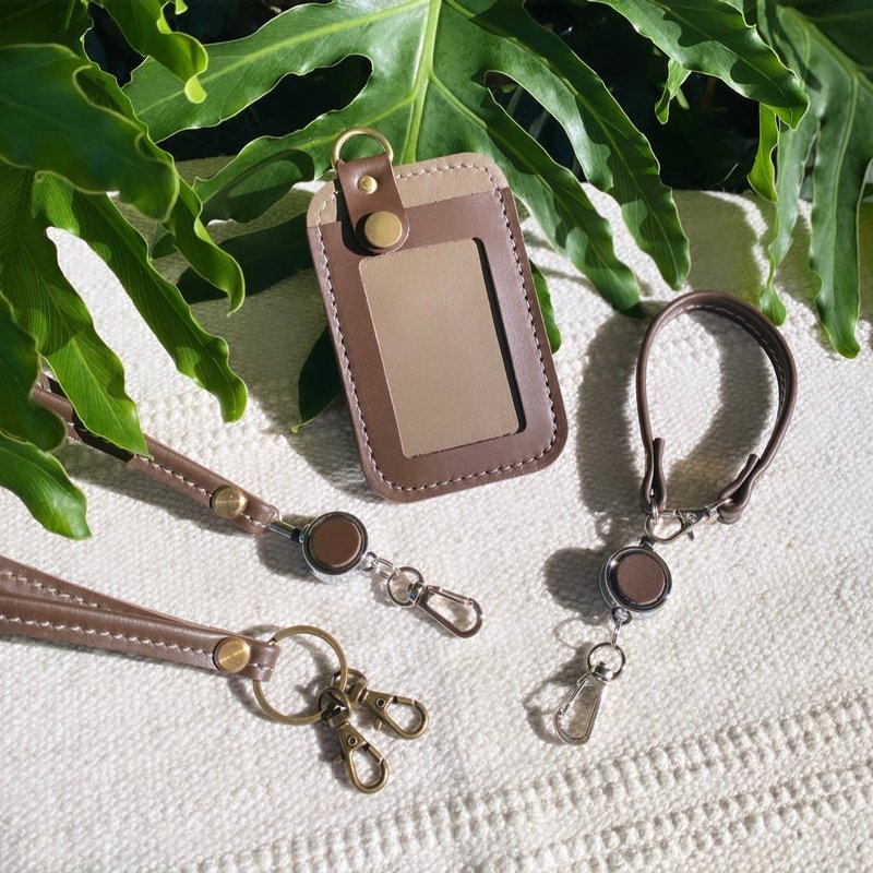 With style. Leather neck rope ~ short rope ~ any combination - Khaki bottom + dark coffee border - ID & Badge Holders - Genuine Leather Brown