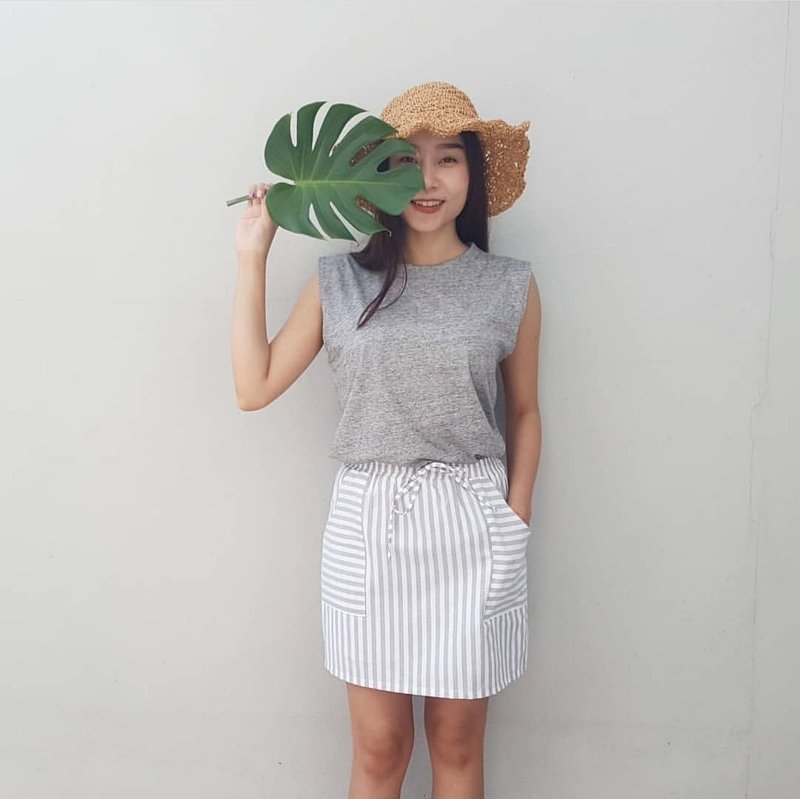 Cotton short skirt - Grey stripe - 裙子/長裙 - 棉．麻 灰色