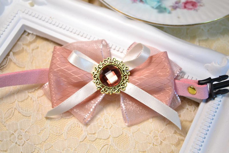 Handmade cute Pink ribbon bow tie & rose pink stone collar for cat, dog & rabbit - Collars & Leashes - Cotton & Hemp 