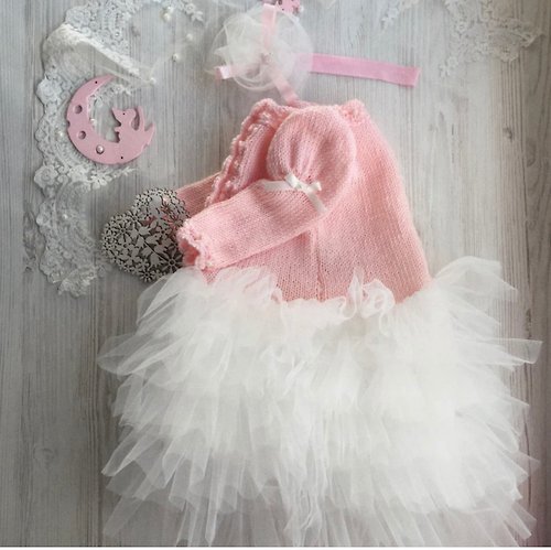 V.I.Angel Hand knit pink and ivory dress with pearl, headband for baby girl.