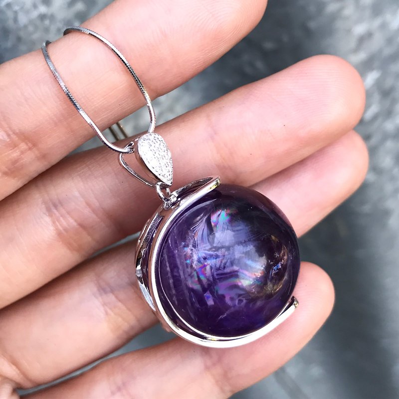 天然石 虹 紫水晶 アメジスト 丸玉 925 ネックレス - ネックレス - 宝石 パープル