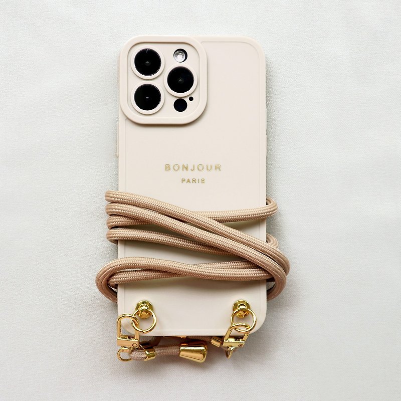 iPhone15/14/13/12 meters Paris milk tea cotton rope strap phone case - Phone Cases - Plastic Khaki