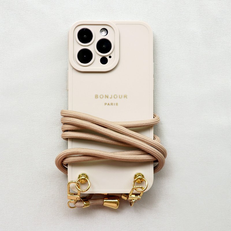 iPhone15/14/13/12 meters Paris milk tea cotton rope strap phone case - เคส/ซองมือถือ - พลาสติก สีกากี