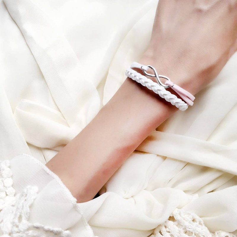Handmade Double Braided Infinity Bracelets–white and pink limited - สร้อยข้อมือ - วัสดุอื่นๆ ขาว