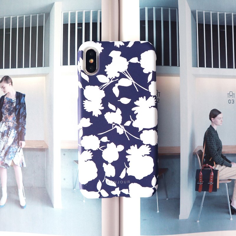 Dark blue white flower phone case - Phone Cases - Other Materials Blue