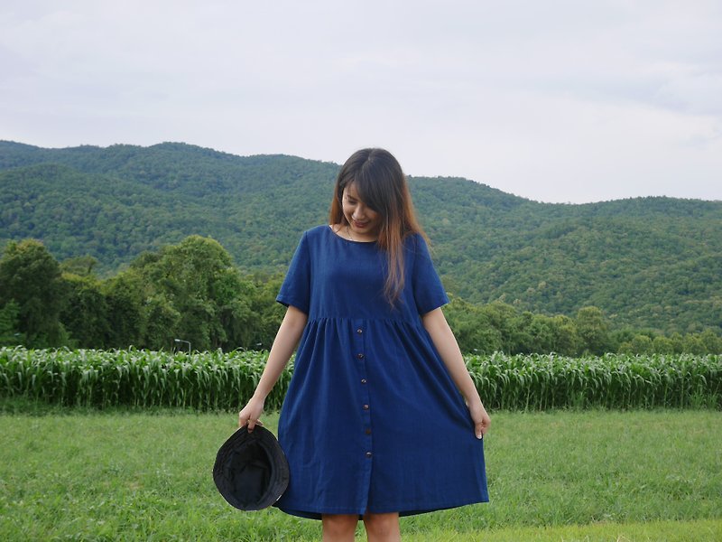 hand-woven cotton fabric with indigo dyes dress - One Piece Dresses - Cotton & Hemp Blue