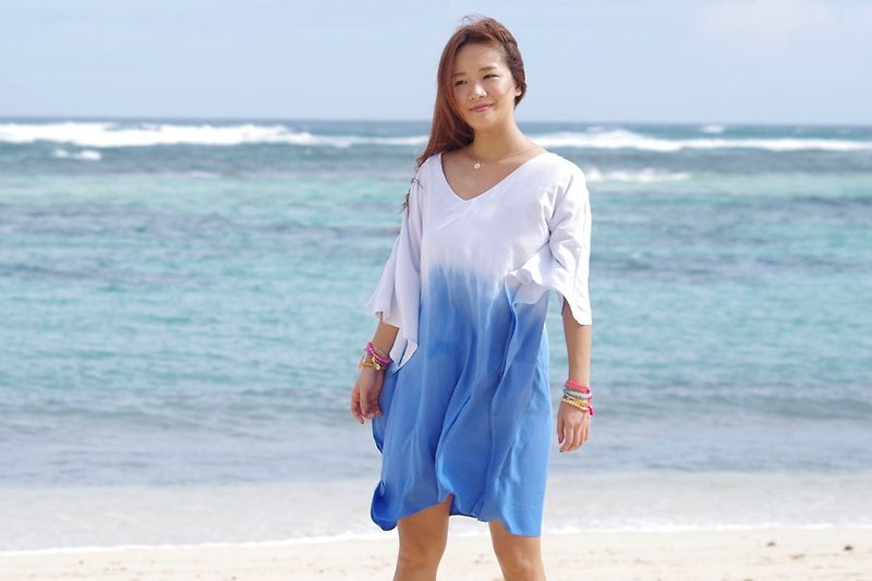 海色グラデーションバタフライスリーブワンピース　オーシャンビーチ - 連身裙 - 其他材質 藍色