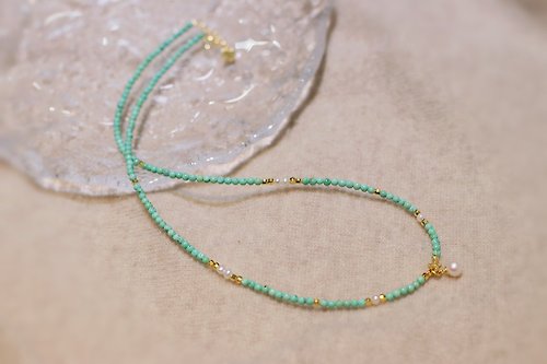 Sri Yantra 天然原礦綠松石項鏈鎖骨鏈搭配淡水珍珠古法銀蹦迪珠 輕奢極簡風