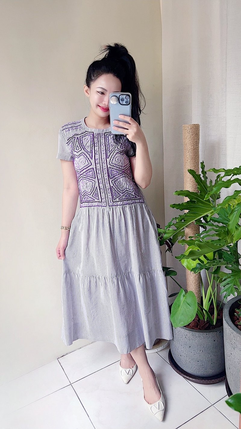 紫羅蘭薄料棉質刺繡 蛋糕A字長裙洋裝連身裙古著ドレスDress - 洋裝/連身裙 - 棉．麻 紫色