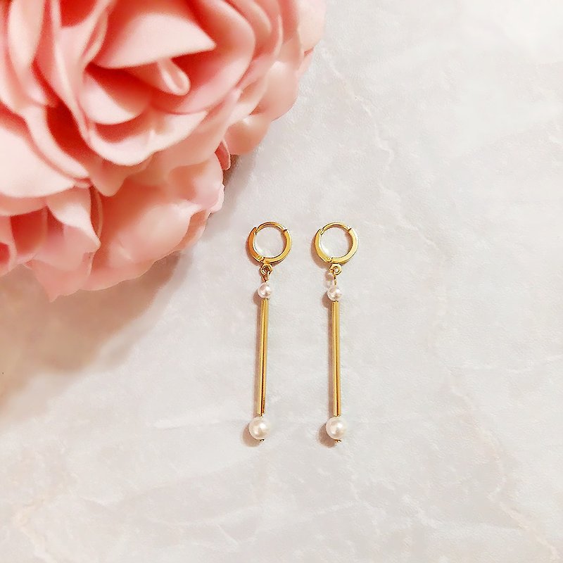 Series :: :: sweet romantic encounter geometry of straight pipe shell pearl earrings / :: Sweet Encounter Collection :: Gold Plated Shell Pearl Beads with Rod Bar Dangle Drop Earrings, Wedding Hoop Earrings - Earrings & Clip-ons - Other Metals Gold