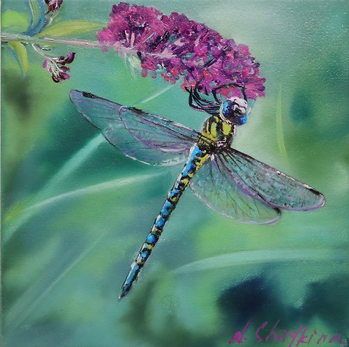 GalleryPaintingsArt Dragonfly In A Meadow Flowers Painting, Insect Artwork, Botanical Fine Art Paint