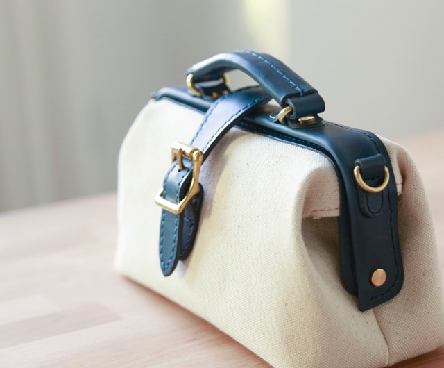 Canvas meets leather Horizontal version doctor bag canvas bag