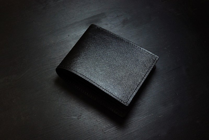[Discount] European-style cross-grain leather short clip - กระเป๋าสตางค์ - หนังแท้ สีดำ