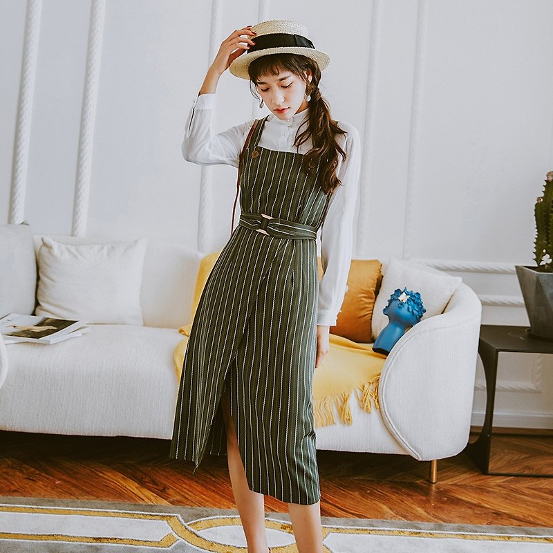 [This section participates in 199 Option 2] Autumn new product elegant decorative belt striped strap dress dress - One Piece Dresses - Polyester Green