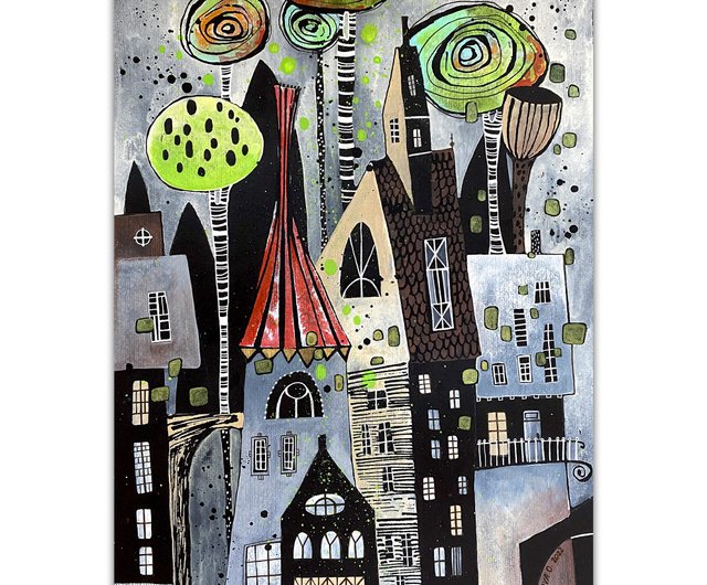 夜の街の絵画オリジナルアート水彩黒紙街並みの壁の装飾 - ショップ