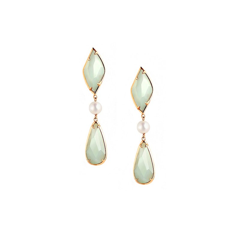 Natural Emerald Diamond Water Drop Japan Akoya Seawater Pearl Earrings - ต่างหู - หยก สีทอง