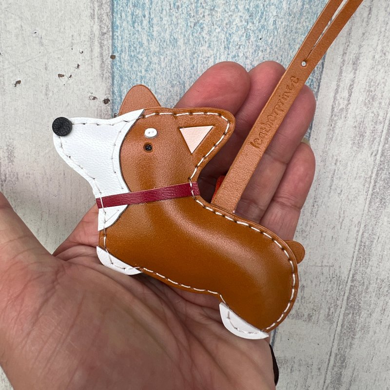 Small Healing Objects Handmade Leather Orange Corgi Dog Handmade Stitched Pendant Small Size - พวงกุญแจ - หนังแท้ สีส้ม