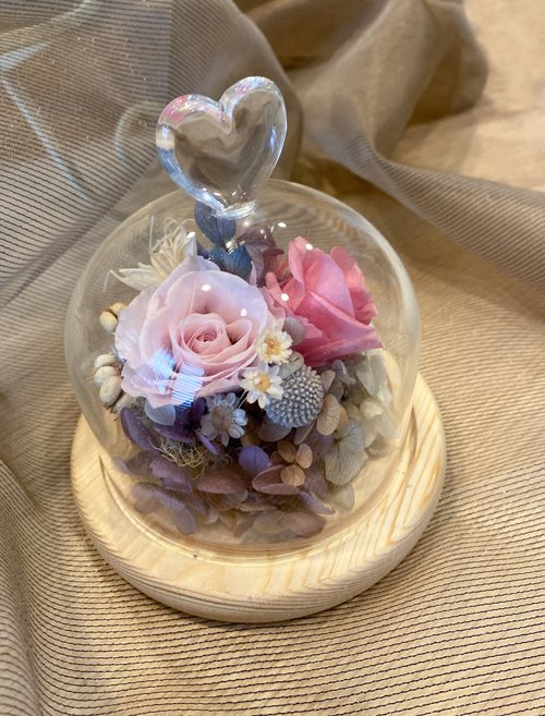 米夏花藝.手作.傢飾 永生花玻璃盅 原木槽燈 心型 情人節 禮物 夜燈