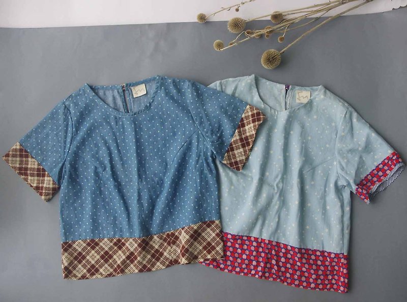 Hand - denim blue X Nordic print stitching short T-checkered - apple - เสื้อผู้หญิง - ผ้าฝ้าย/ผ้าลินิน สีน้ำเงิน