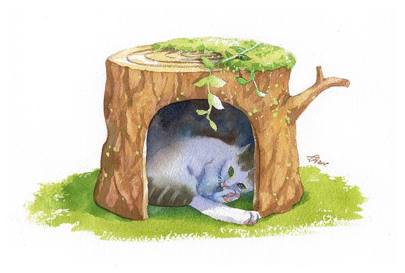 Original watercolor painting [Take a break in a tree hole] - โปสเตอร์ - กระดาษ หลากหลายสี