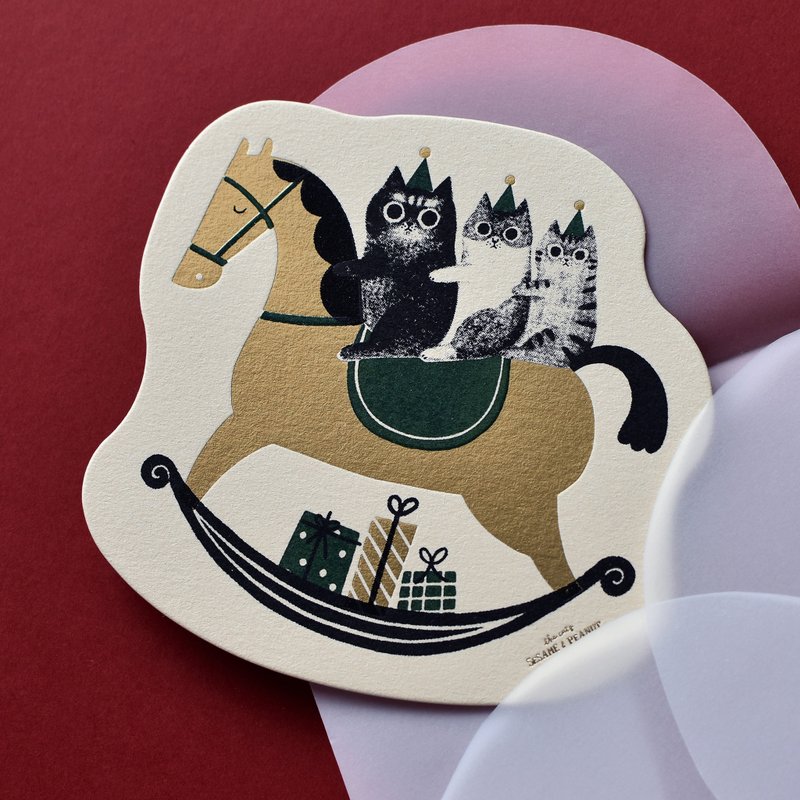 一起騎馬去送禮物  手工絹印聖誕卡 - 卡片/明信片 - 紙 金色