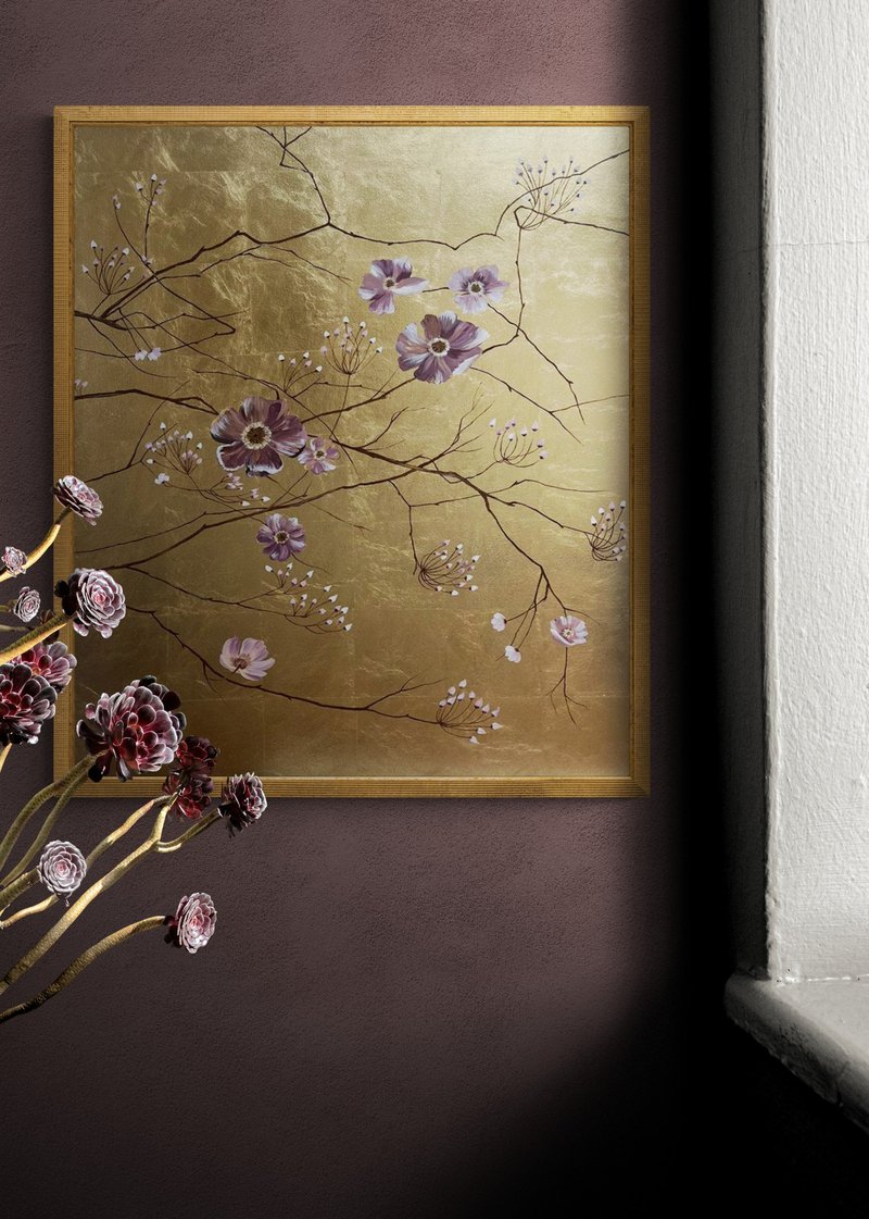 Large Gold Leaf Wall Art  Flowers Painting on Canvas - 壁貼/牆壁裝飾 - 棉．麻 金色