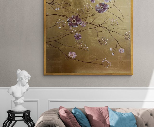 キャンバスに描かれた大きな金箔の壁アートの花の絵画 キャンバスに描かれた大きな金箔の壁アートの花の絵画