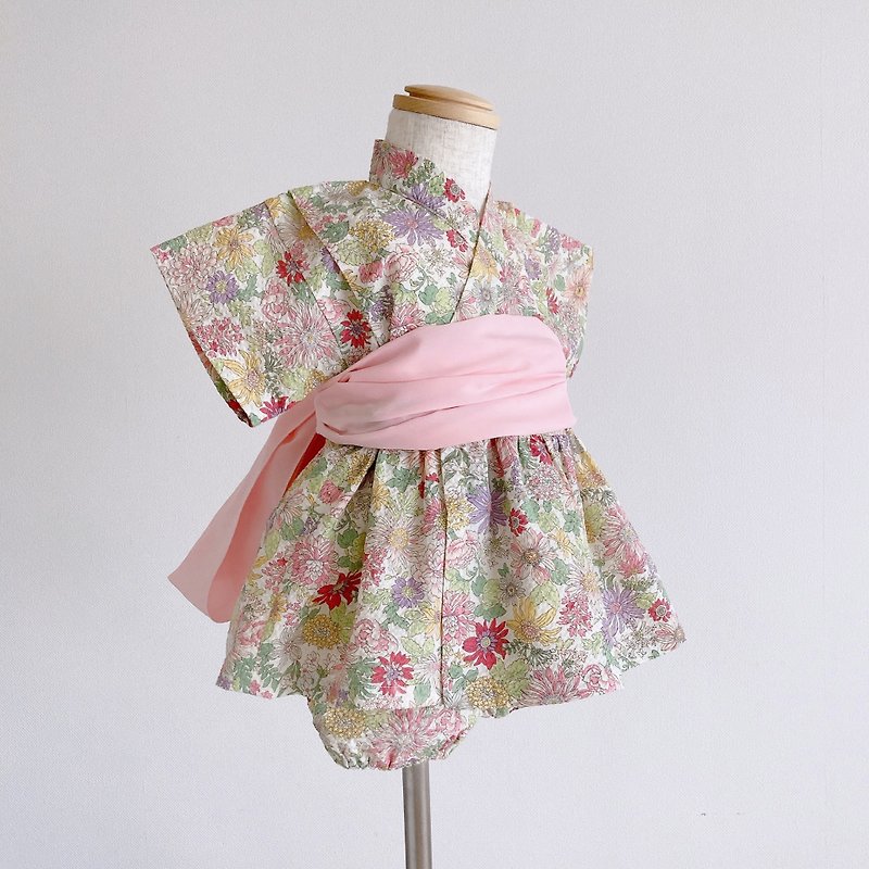 軟綿綿甚平　JINBEI - 淺米色　/　和服　夏　花　女孩　日本 - 童裝禮服 - 棉．麻 粉紅色