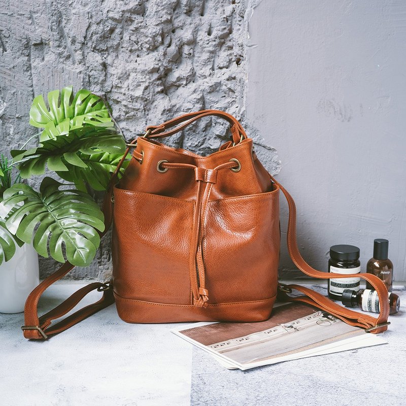 Genuine leather dual-purpose drawstring bucket bag 22277 yellow Brown V - Messenger Bags & Sling Bags - Genuine Leather Orange