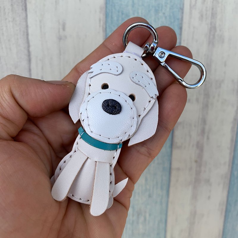 Healing small things white long-haired Sissa dog hand-stitched leather keychain small size - ที่ห้อยกุญแจ - หนังแท้ ขาว
