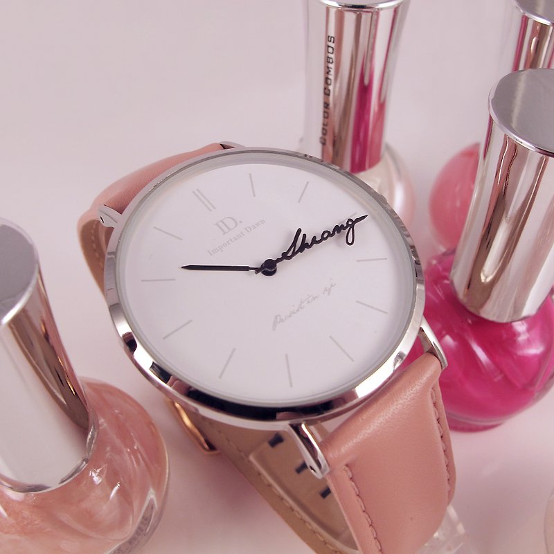 客製化姓名指針手錶-pink女孩(預購) - 女裝錶 - 真皮 粉紅色