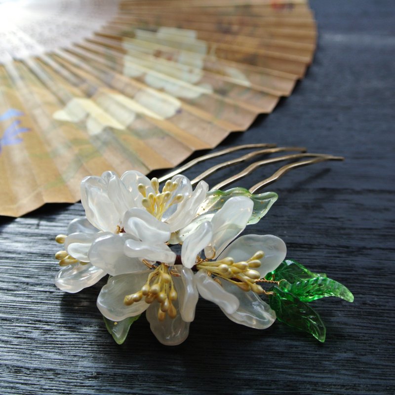 【墨徽閣】滿桃花軟簪/髮釵/四齒大髮梳-共六色 - 髮夾/髮圈 - 銅/黃銅 白色