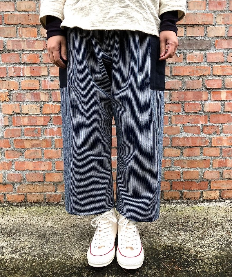 Washed striped denim classic pants - กางเกงขายาว - ผ้าฝ้าย/ผ้าลินิน สีน้ำเงิน