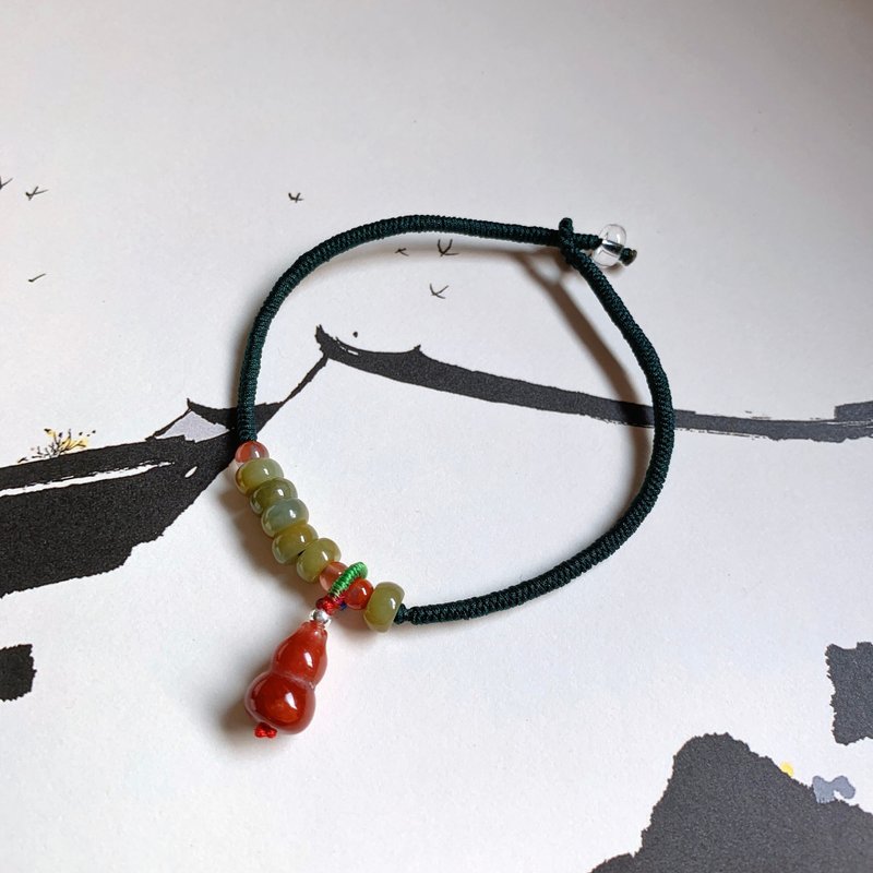 Hand-made willow rosette. Natural Burmese Double Color Jadeite Vintage Braided Bracelet Southern Red Gourd Pendant Bracelet - Bracelets - Jade Multicolor