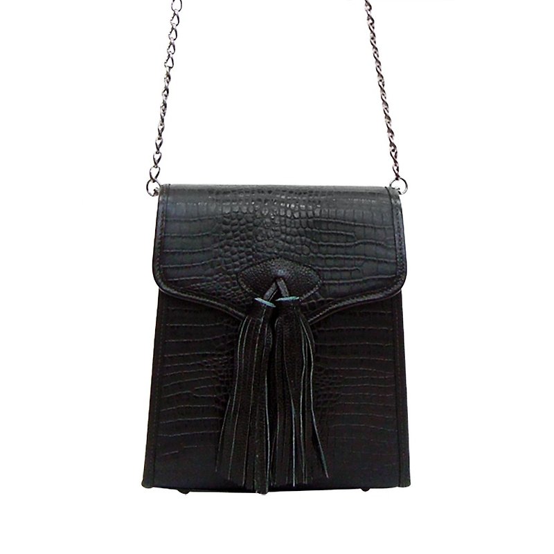 Antique tassel bag Antique Tassel Bag / Cowhide embossed / with suspenders / black - กระเป๋าแมสเซนเจอร์ - หนังแท้ สีดำ