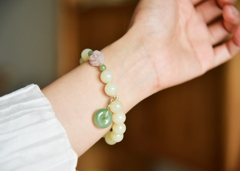 [Qing'an] Natural Hetian jade Qinghai material lotus root powder round beads jasper powder green peace buckle bracelet - สร้อยข้อมือ - หยก สึชมพู