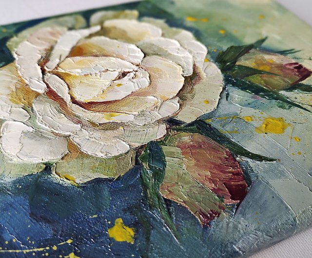 バラの絵 手描きの花 手描きの原画 インパスト 油絵 壁装飾 白いバラの