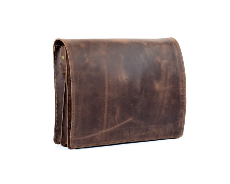 Waxed Brown Leather Messenger Bag, Leather Laptop Bag, Handmade Professional Bag - 側背包/斜背包 - 真皮 咖啡色