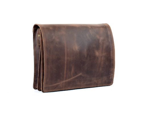 LeatherStrata Waxed Brown Leather Messenger Bag, Leather Laptop Bag, Handmade Professional Bag