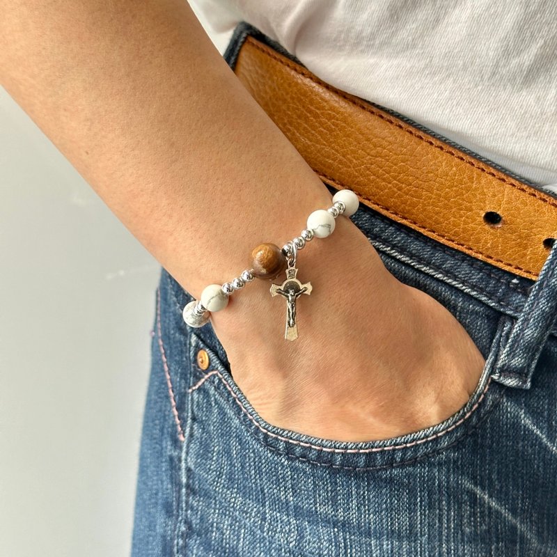 Bracelet,Imported 8mm olive wood beads,10mm beautiful white turquoise,crucifix - สร้อยข้อมือ - วัสดุอื่นๆ 