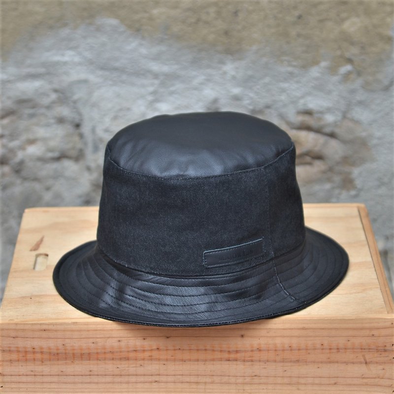 MAJORLIN fisherman hat leather and wine bag cloth double material retro taste fashion fashionable hat black fashion - หมวก - หนังแท้ สีดำ