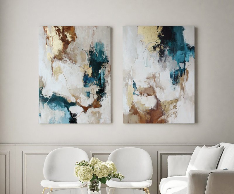 Original Modern Acrylic | Painting on Canvas Set of 2 Abstract blue | Flux Set - 壁貼/牆壁裝飾 - 棉．麻 藍色