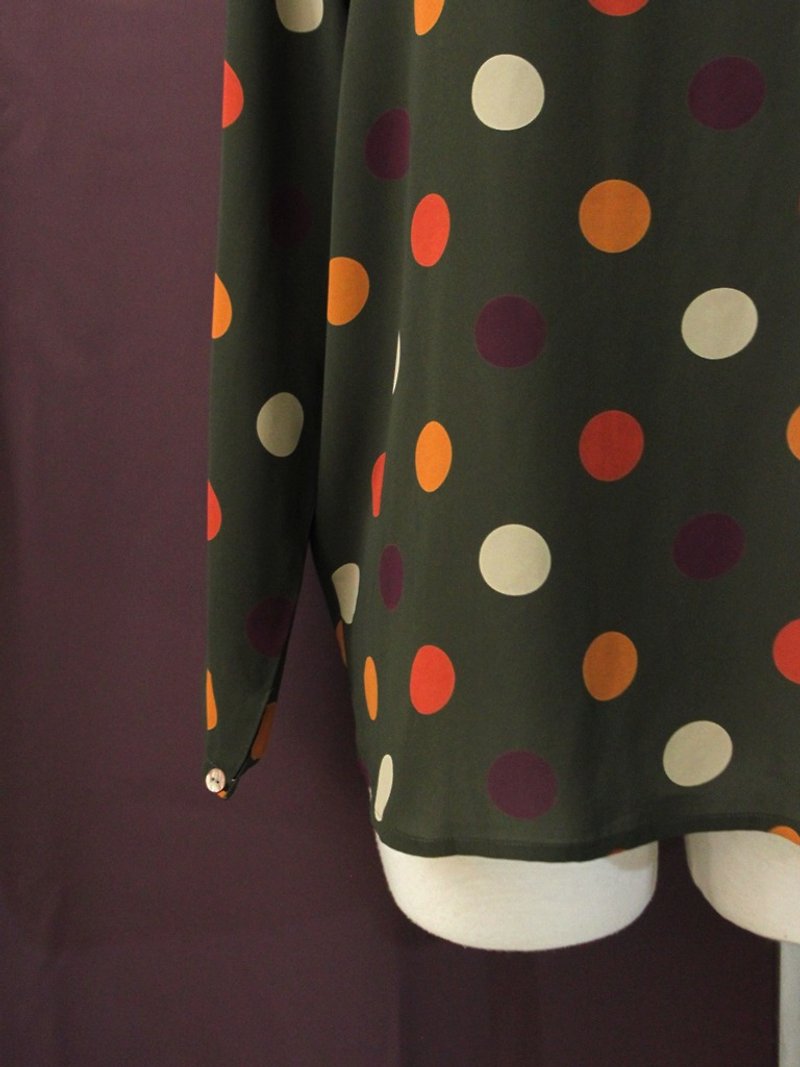 Retro Cute Childlike Dotted Olive Green Loose Long Sleeve Vintage Shirt Top Vintage Blouse - Women's Shirts - Polyester Green
